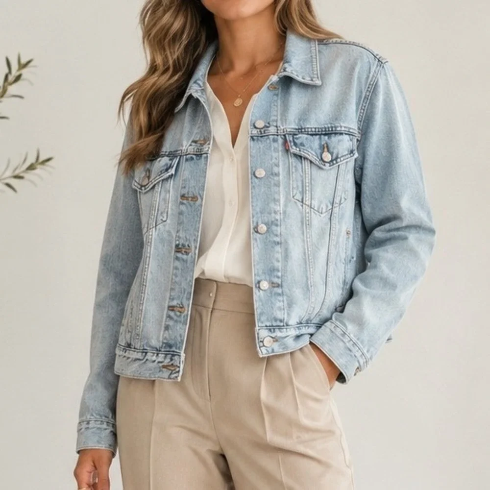Levis Womens Light Wash Denim Trucker Jacket Size M Blue Distressed S40117